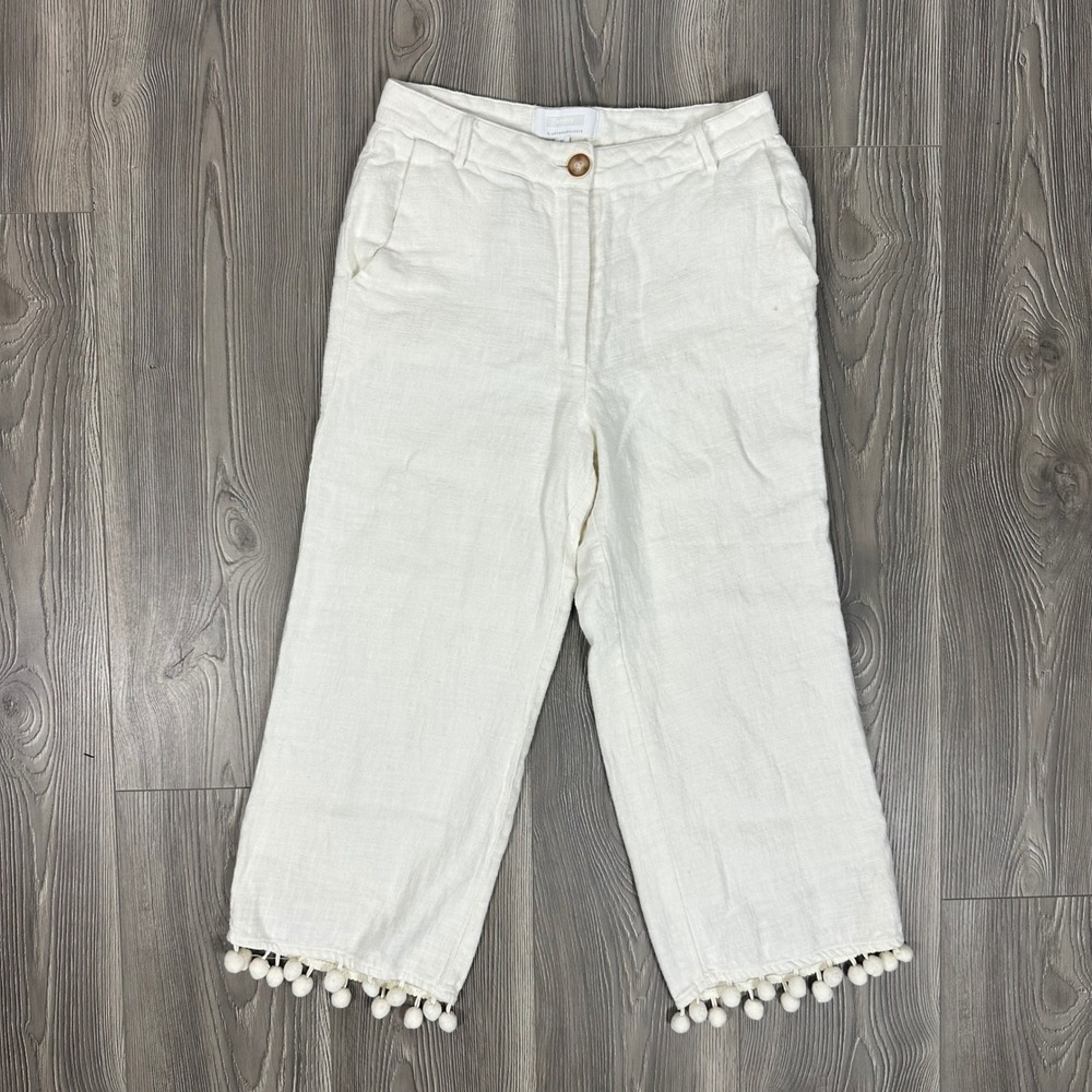 ettitwa by Anthropologie White Linen Cropped Pants with Pom Pom Trim - SIZE XS